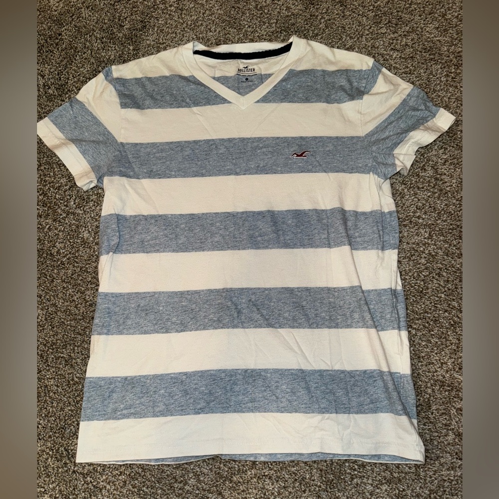 Hollister Men’s Blue & White Striped V-Neck T-Shirt